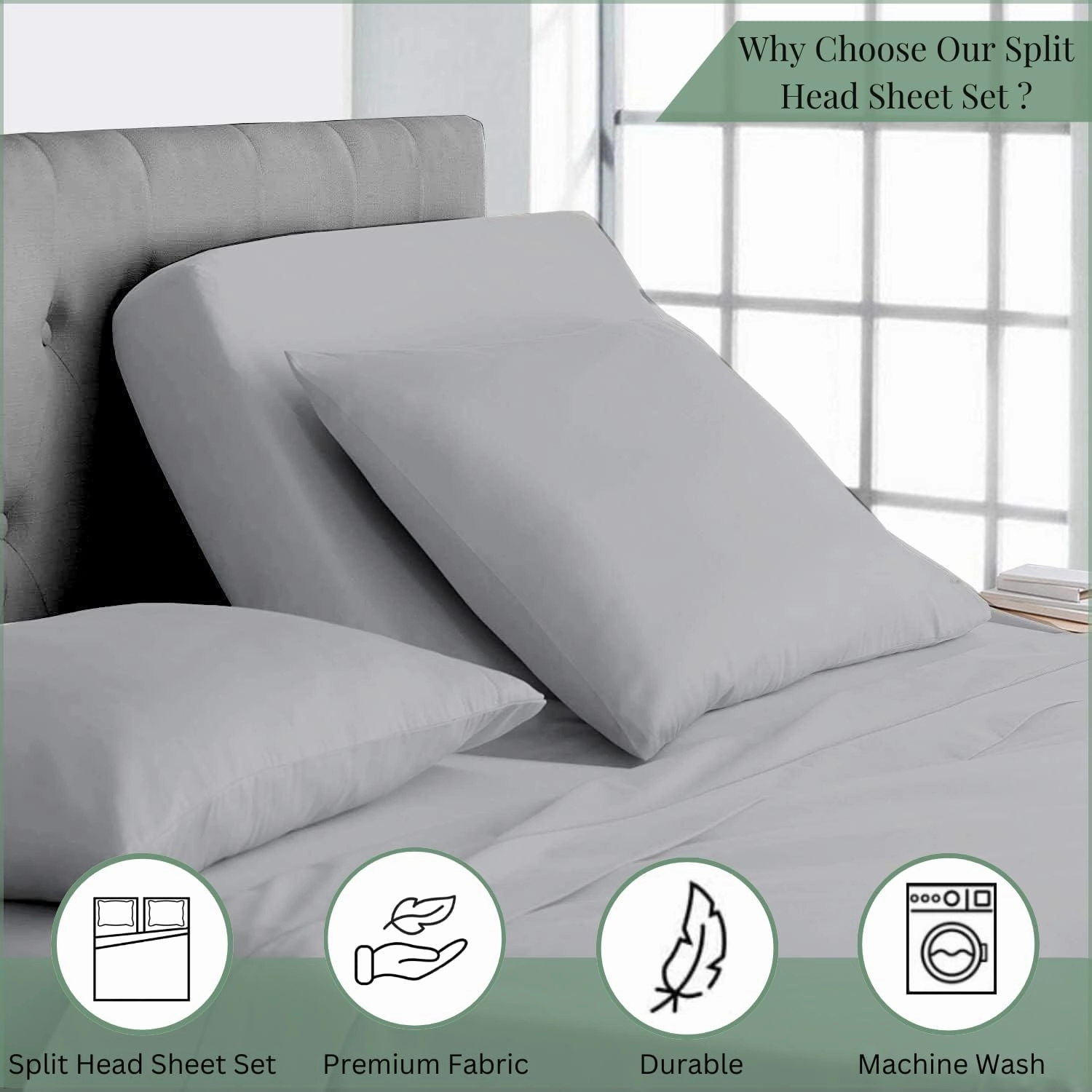 Top Split King Sheets Sets for Adjustable Beds, Sheets for Sleep Number Bed Split King Deep Pocket, 34" Split Top King Sheets 100% Cotton, Flex Top Sheets, Light Grey Solid