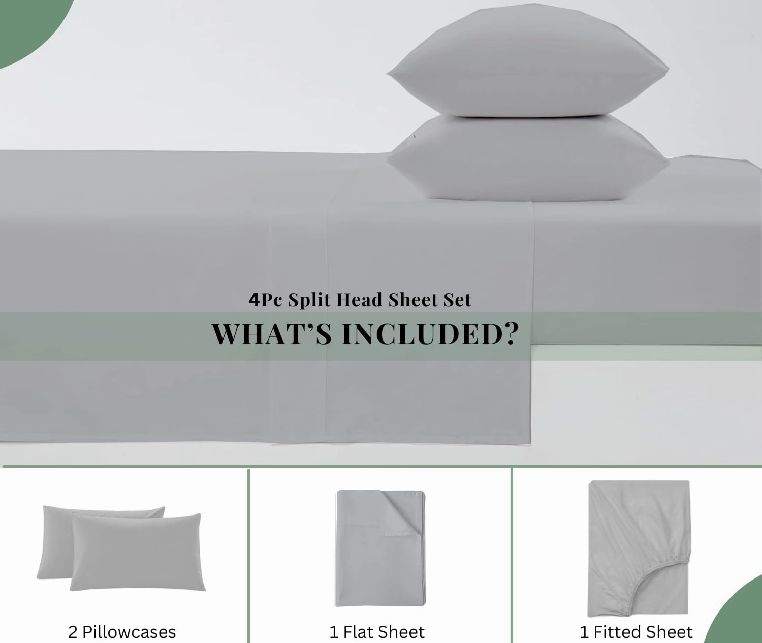 Top Split King Sheets Sets for Adjustable Beds, Sheets for Sleep Number Bed Split King Deep Pocket, 34" Split Top King Sheets 100% Cotton, Flex Top Sheets, Light Grey Solid