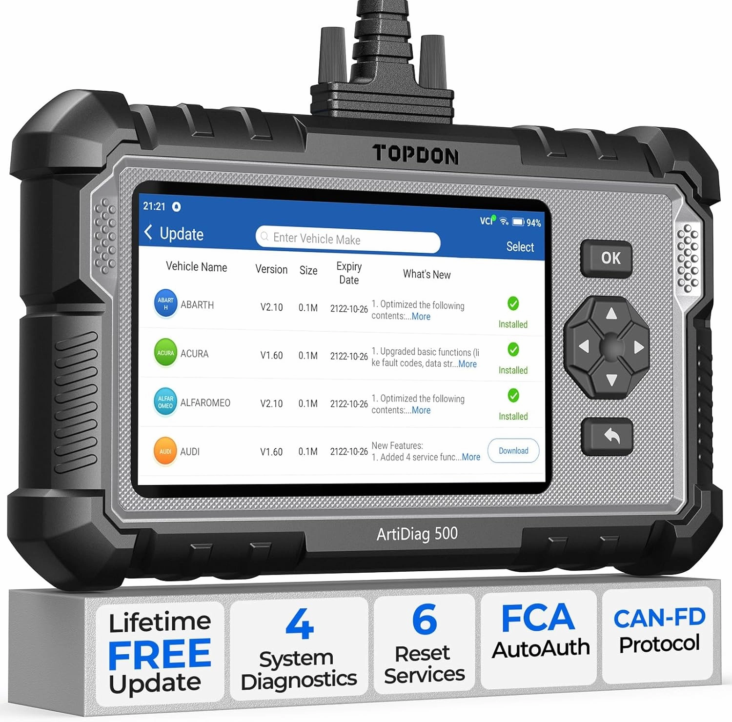 TOPDON AD500 OBD2 Scanner Car Code Reader Scan Tool, Engine ABS SRS Transmission Diagnostics Tool, FCA AutoAuth, CAN FD Protocol, Oil/Throttle/SAS/TPMS/BMS/EPB Reset Car Scanner, Free Upgrade for DIY