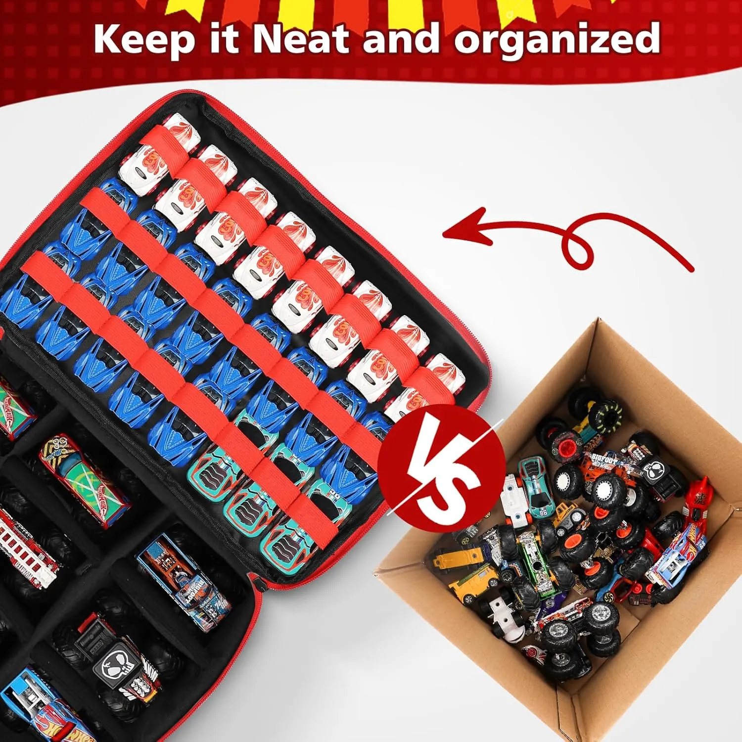 Toy Cars Carrying Bag Compatible with Hotwheels Car,Monster Trucks Cars.Can Store 72 Mini Toy Cars & 9 Monster Trucks Cars.(Case Only) (Red/Black, 81)