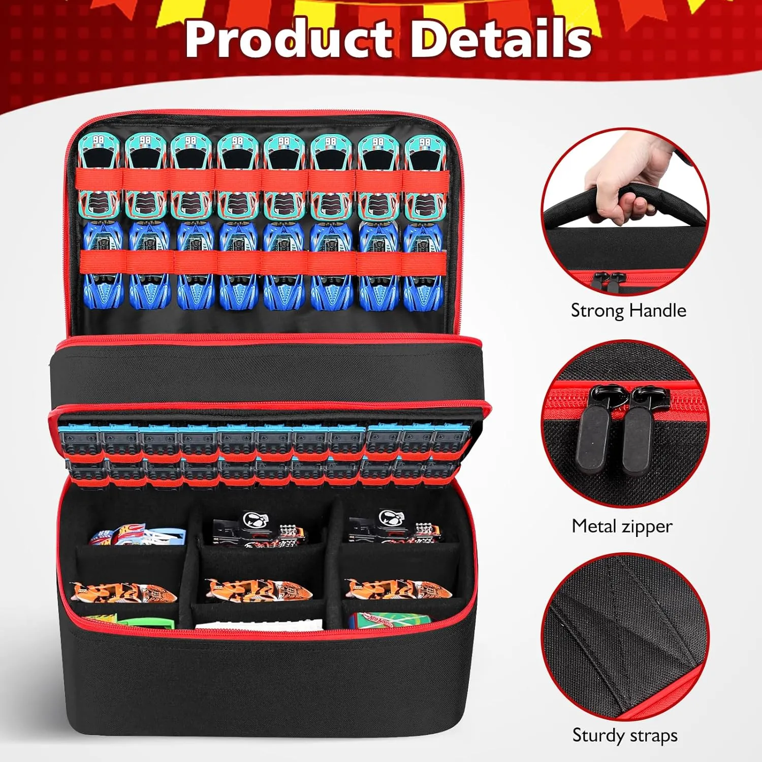Toy Cars Carrying Bag Compatible with Hotwheels Car,Monster Trucks Cars.Can Store 72 Mini Toy Cars & 9 Monster Trucks Cars.(Case Only) (Red/Black, 81)