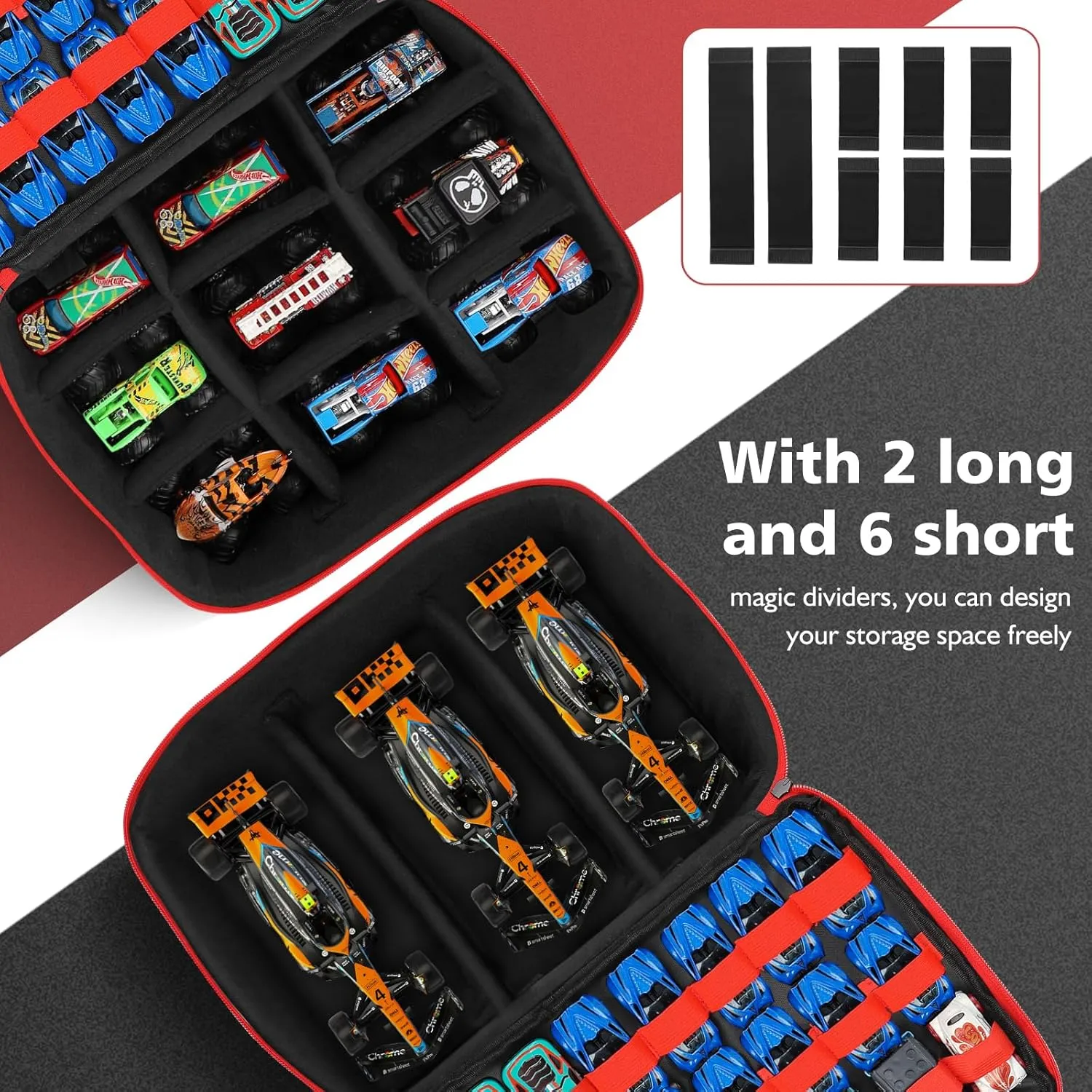 Toy Cars Carrying Bag Compatible with Hotwheels Car,Monster Trucks Cars.Can Store 72 Mini Toy Cars & 9 Monster Trucks Cars.(Case Only) (Red/Black, 81)