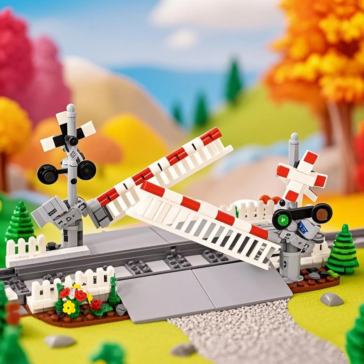 Train Railroad Crossing Building Block Set，Train Track Building Toy with Traffic Lights ，Compatible with Track Expansion Set Gift for Girls and Boys Ages 6 and Up (Train Railroad Crossing C)