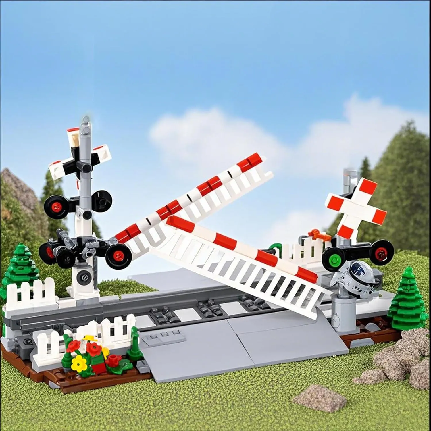 Train Railroad Crossing Building Block Set，Train Track Building Toy with Traffic Lights ，Compatible with Track Expansion Set Gift for Girls and Boys Ages 6 and Up (Train Railroad Crossing C)