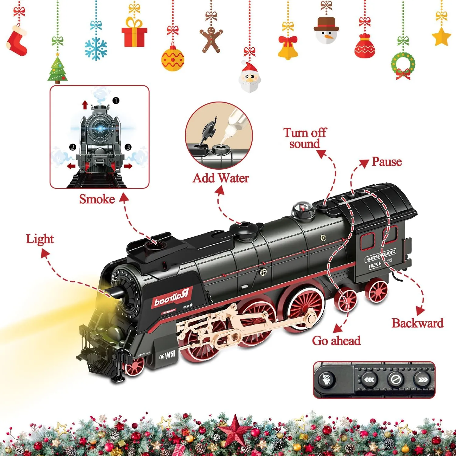 Train Set for Kids, Electric Train Toys with Realistic Light Sounds Smoke, Christmas Train Model Gifts for Toddlers Boys Girls, Steam Locomotive, Luxury Track & 2 Glowing Passenger Carriages