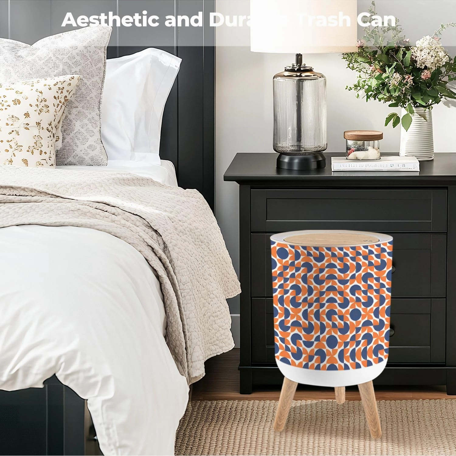 Trash Can with Lid seamless pattern tiles red white blue Mid century geometric textile Garbage Can Round Waste Bin Press Cover Dog Proof Wastebasket for Kitchen Bathroom Living Room Nursery 1.8gal