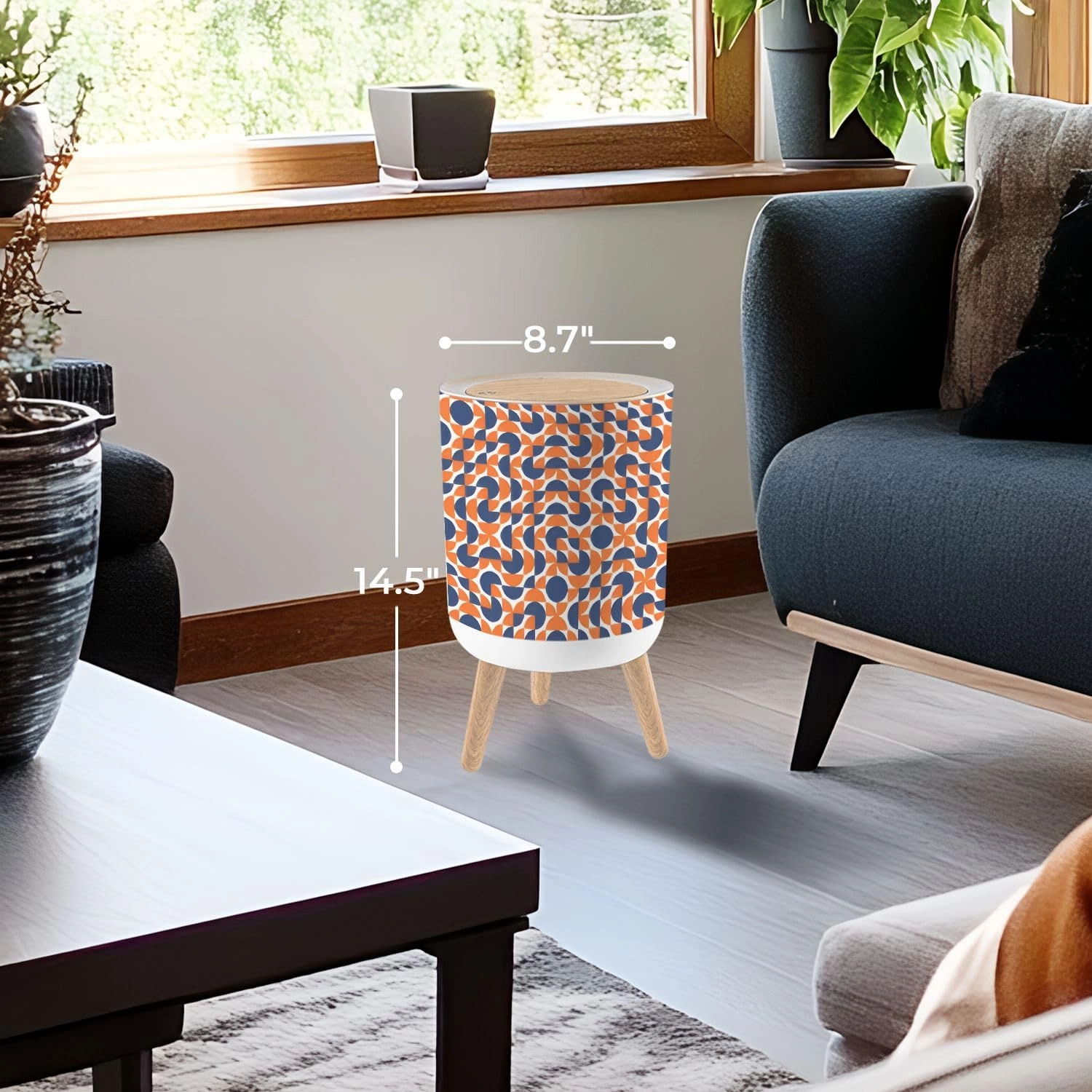 Trash Can with Lid seamless pattern tiles red white blue Mid century geometric textile Garbage Can Round Waste Bin Press Cover Dog Proof Wastebasket for Kitchen Bathroom Living Room Nursery 1.8gal