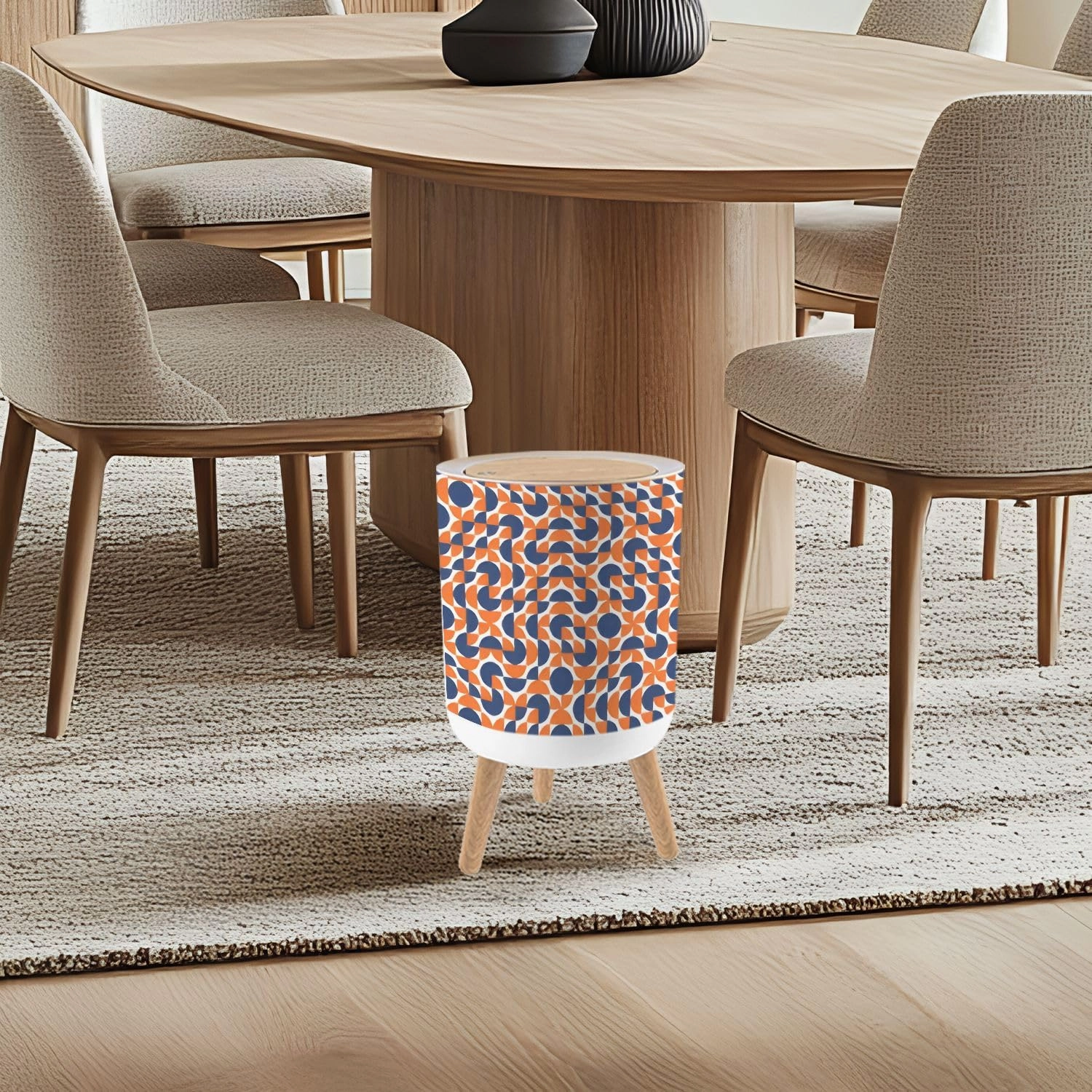 Trash Can with Lid seamless pattern tiles red white blue Mid century geometric textile Garbage Can Round Waste Bin Press Cover Dog Proof Wastebasket for Kitchen Bathroom Living Room Nursery 1.8gal