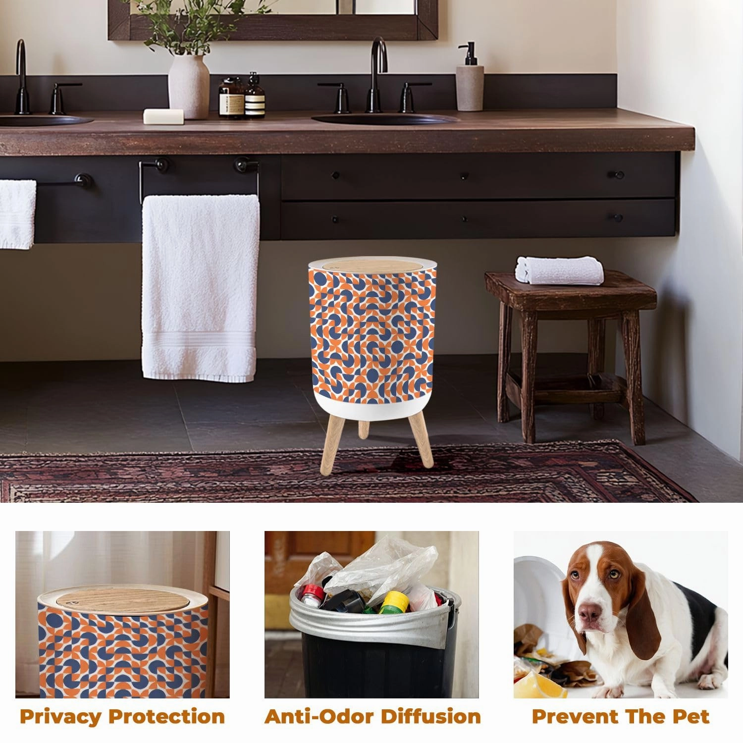 Trash Can with Lid seamless pattern tiles red white blue Mid century geometric textile Garbage Can Round Waste Bin Press Cover Dog Proof Wastebasket for Kitchen Bathroom Living Room Nursery 1.8gal
