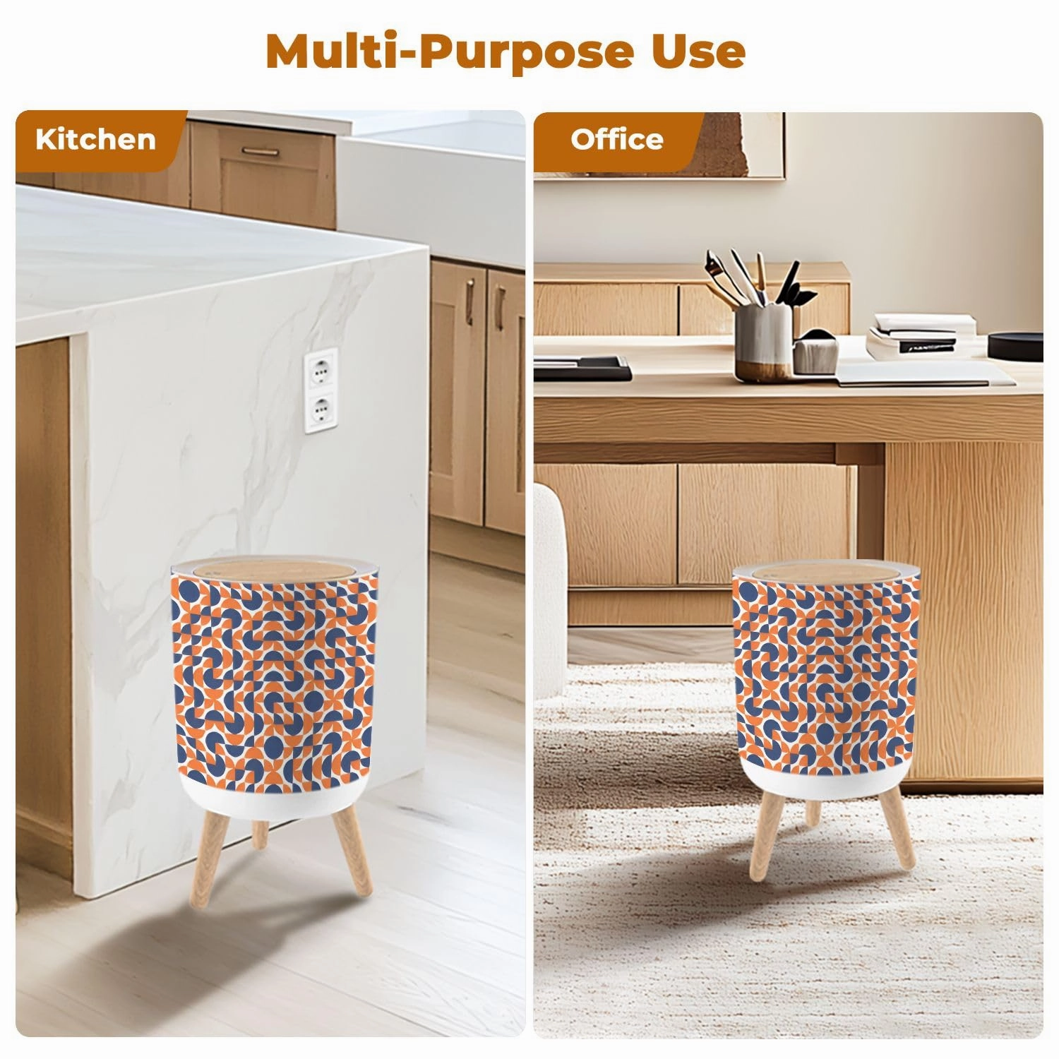 Trash Can with Lid seamless pattern tiles red white blue Mid century geometric textile Garbage Can Round Waste Bin Press Cover Dog Proof Wastebasket for Kitchen Bathroom Living Room Nursery 1.8gal
