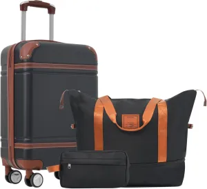 Travel Easily with Durable Hardshell Luggage Set, Includes 20-Inch Suitcase, Travel Duffel Bag and Toiletry Bag, Black
