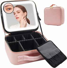 Travel Makeup Bag with LED Lighted Mirror,Waterproof Cosmetic Makeup Organizer Bag with 3 Color Setting and 10x Magnifying Mirror,Makeup Train Case with Adjustable Dividers Detachable,Pink