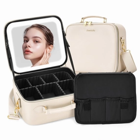 Travel Makeup Bag with Mirror and Light, Cosmetic Artist Organizer Case with LED Mirror, Travel Makeup Case for Cosmetic Brush Holder Storage, Toiletry Case for Women Gift