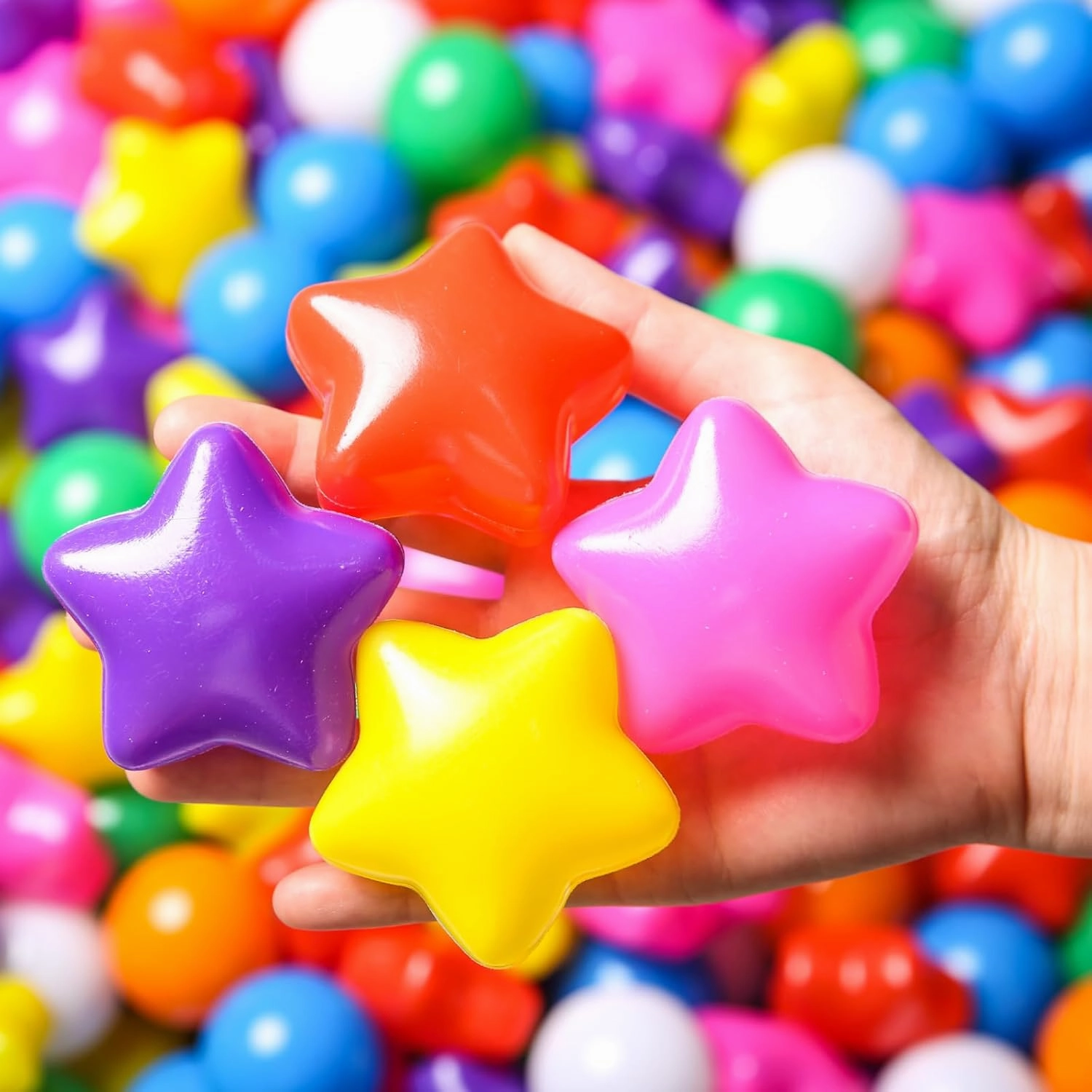 TRENDPLAY Star Ball Pit Balls for Toddlers -50 100 200 Count Star Balls Different Shapes, Non-Toxic Plastic Balls for Safe Play, Boys Girls Festival Party Decoration