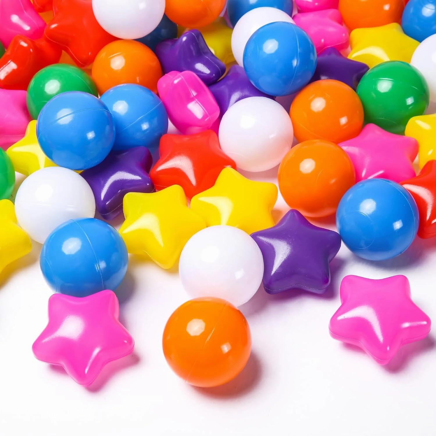 TRENDPLAY Star Ball Pit Balls for Toddlers -50 100 200 Count Star Balls Different Shapes, Non-Toxic Plastic Balls for Safe Play, Boys Girls Festival Party Decoration