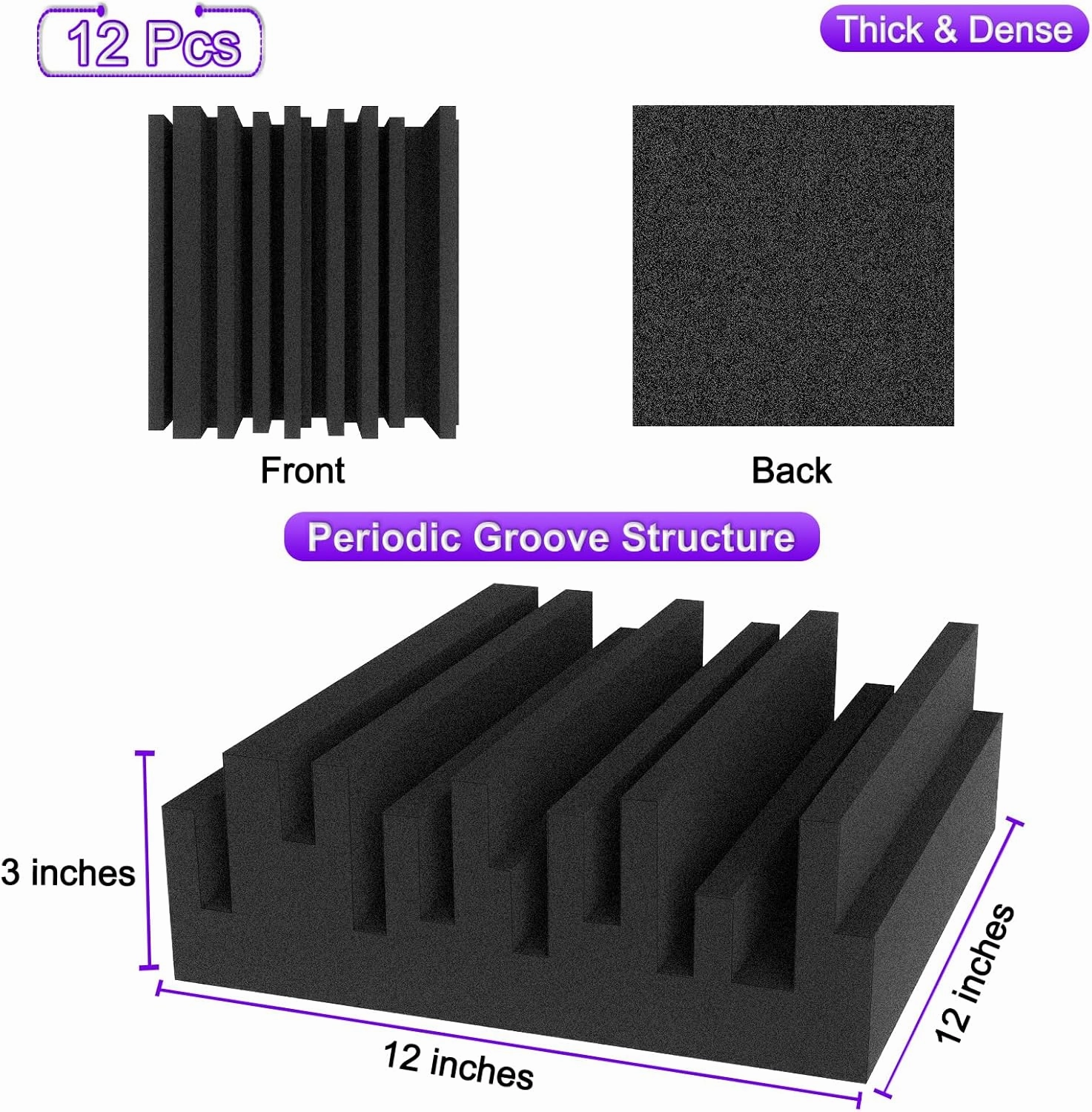 TroyStudio Thick Acoustic Foam Panels, 12 X 12 X 3 Inch 12 Pcs Broadband Sound Absorbing Foam, Dense Soundproof Padding Tile, Recording Studio Foam Absorber, Groove Decorative 3D Wall Ceiling Panel