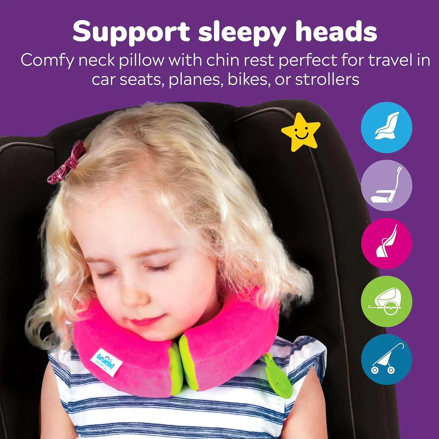 Trunki Kid's Travel Neck Pillow & Chin Rest | Support Sleepy Heads in the Car Seat, Plane, Bike or Pram | Yondi SMALL Betsy (Pink)