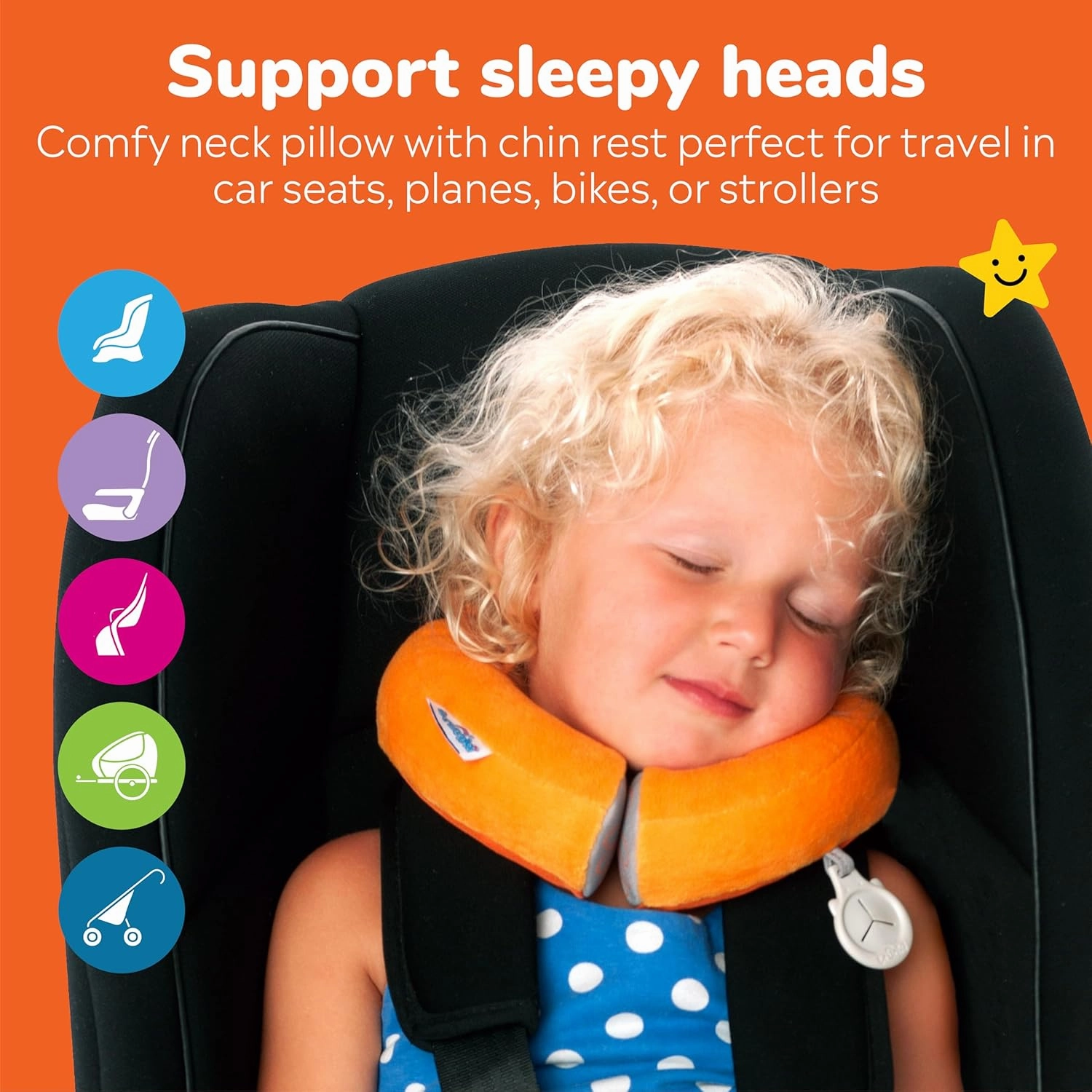 Trunki Kid's Travel Neck Pillow and Chin Rest | Support Sleepy Heads in The Car Seat, Plane, Bike or Pram | Yondi Small Mylo Monkey (Orange)