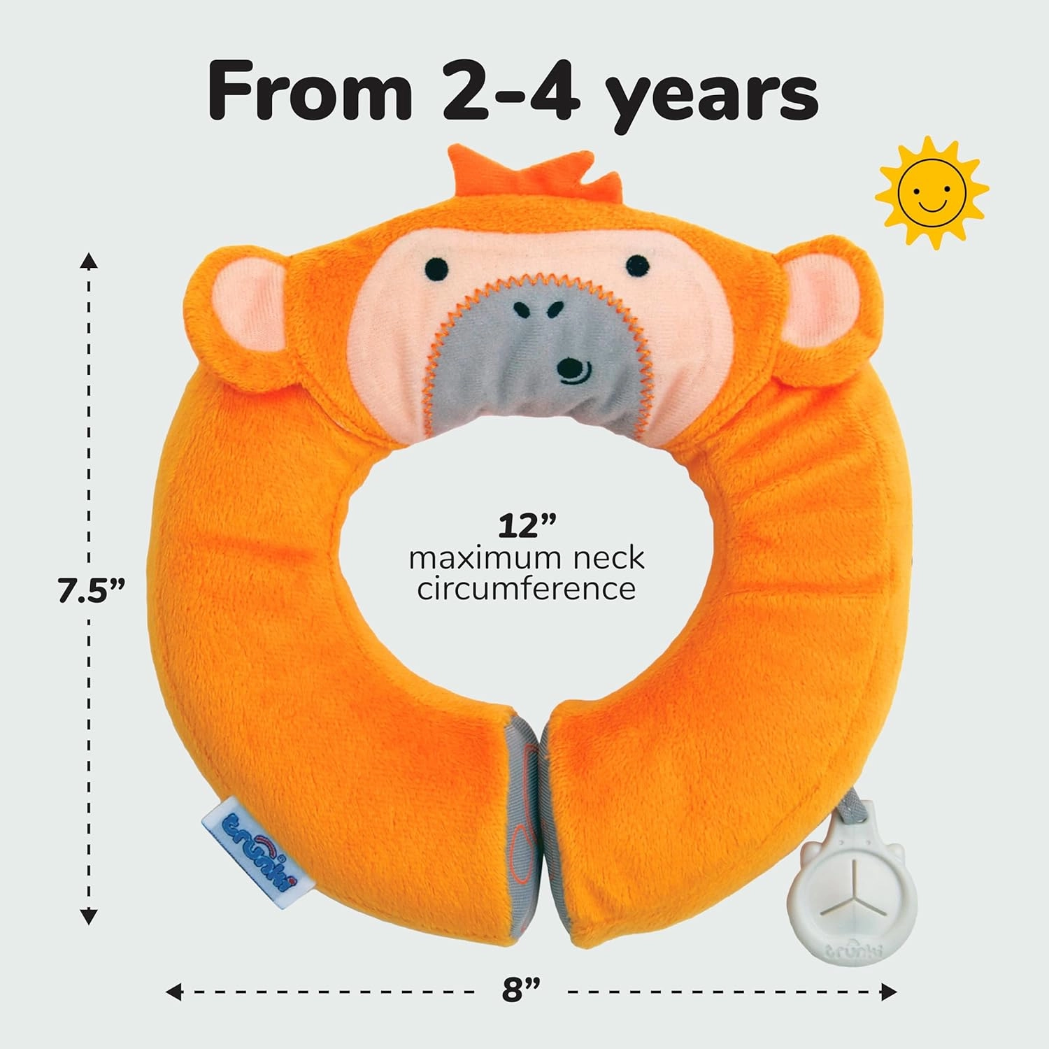 Trunki Kid's Travel Neck Pillow and Chin Rest | Support Sleepy Heads in The Car Seat, Plane, Bike or Pram | Yondi Small Mylo Monkey (Orange)