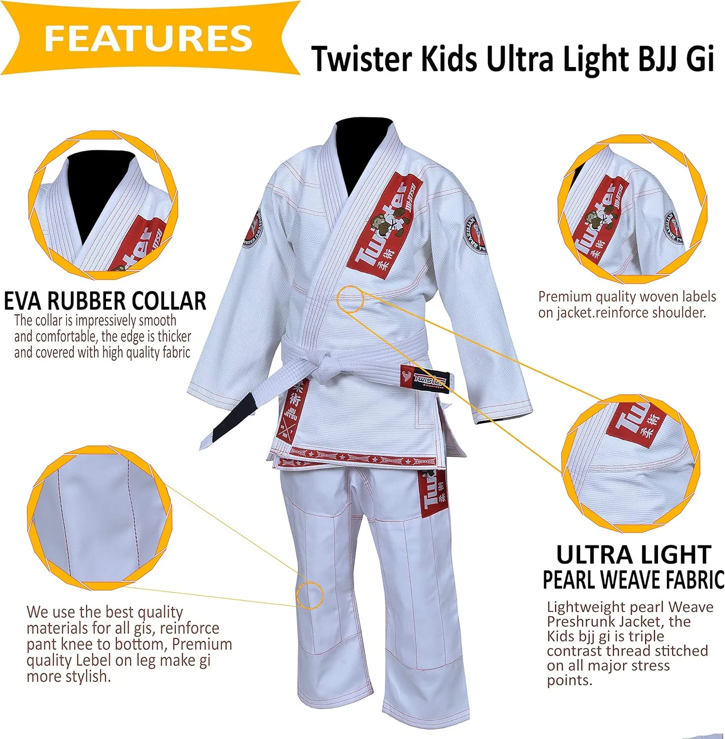 Twister Kids Brazilian Jiu Jitsu Gi | Preshrunk Ultra Light Fabric Youth BJJ Gi | Comes with FREE White Belt