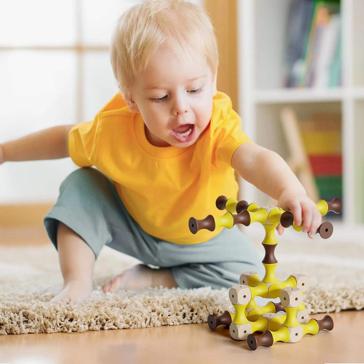 TZJ201, Wooden Building Blocks for Kids, 60Pcs SPINING Stacking Blocks, Durable & Safe Wood, STEM Learning Toys with Canvas Bag, Montessori Toys for Toddler 1-3, for Home, School, Travel