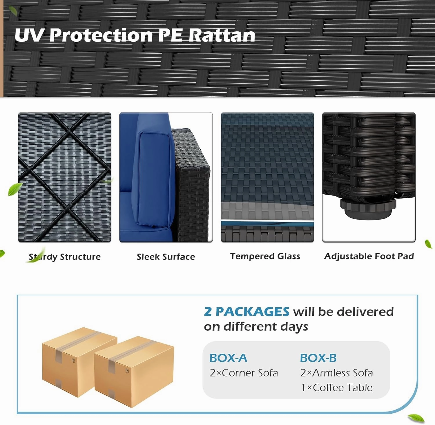 U-MAX 5 Piece Outdoor Patio Furniture Set, PE Rattan Patio Wicker Sectional Furniture Chair Set with Cushions and Tea Table, (Black Rattan&Blue Cushion)