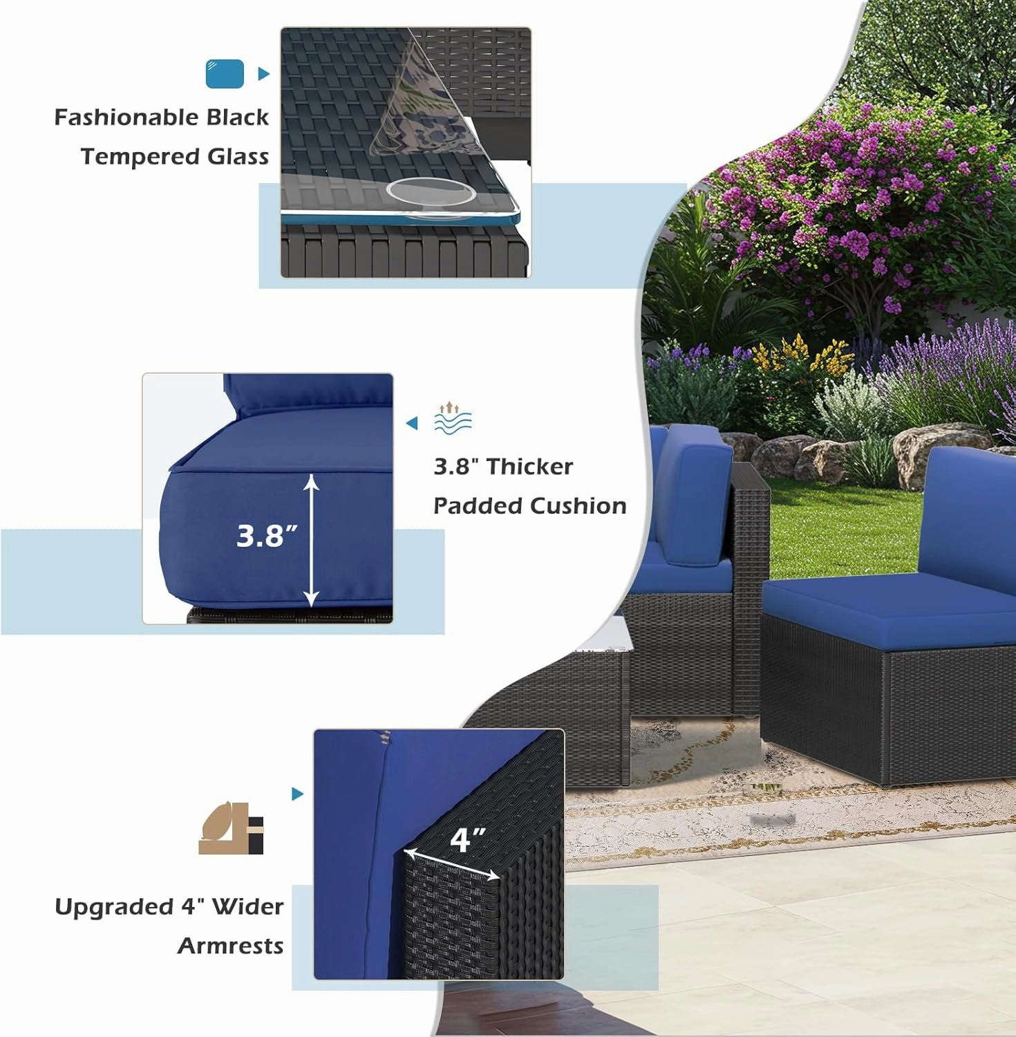 U-MAX 5 Piece Outdoor Patio Furniture Set, PE Rattan Patio Wicker Sectional Furniture Chair Set with Cushions and Tea Table, (Black Rattan&Blue Cushion)
