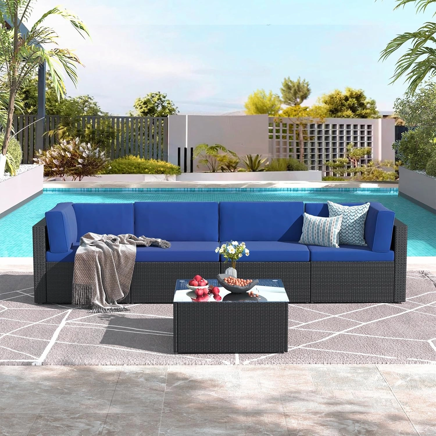 U-MAX 5 Piece Outdoor Patio Furniture Set, PE Rattan Patio Wicker Sectional Furniture Chair Set with Cushions and Tea Table, (Black Rattan&Blue Cushion)