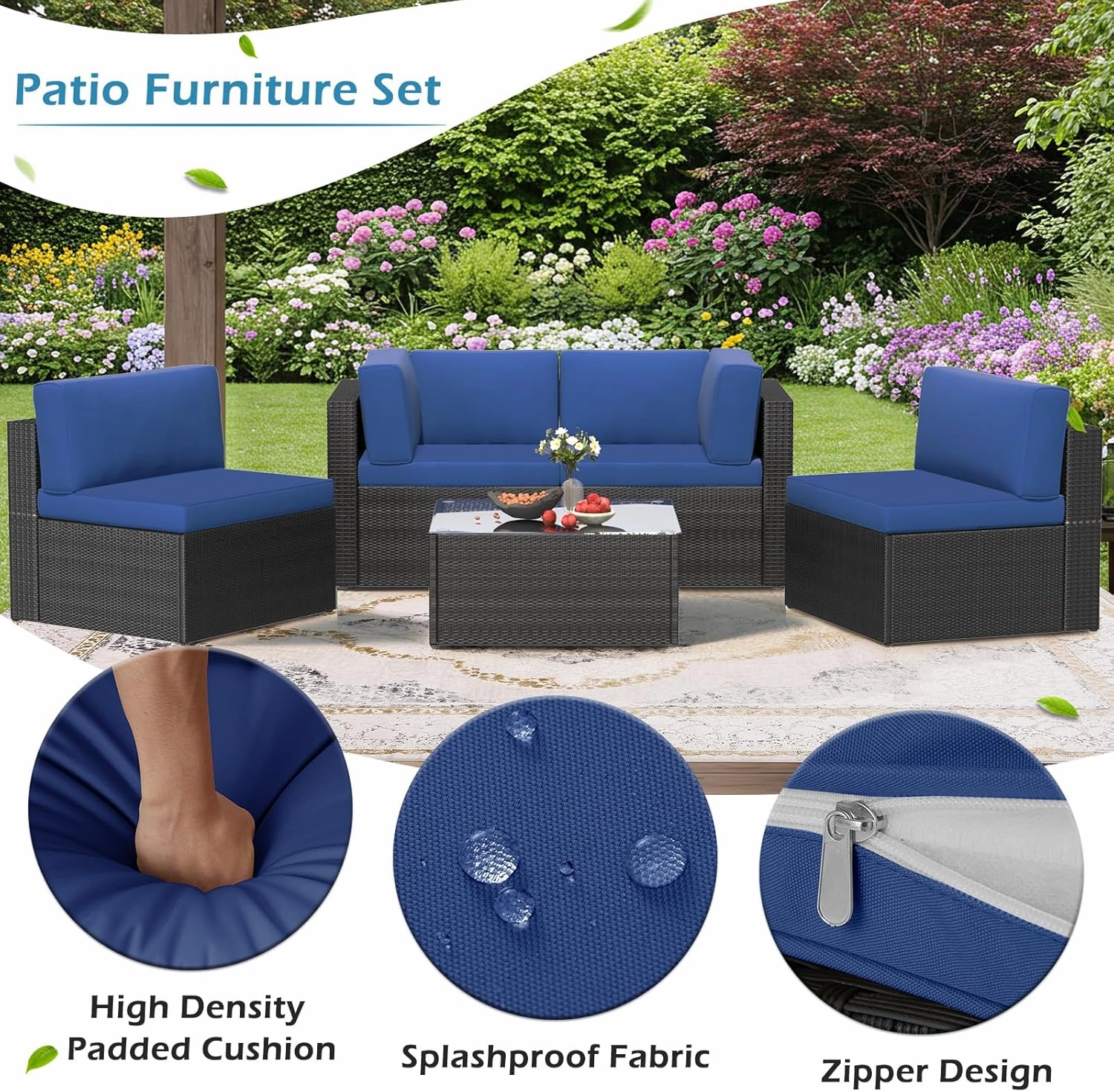 U-MAX 5 Piece Outdoor Patio Furniture Set, PE Rattan Patio Wicker Sectional Furniture Chair Set with Cushions and Tea Table, (Black Rattan&Blue Cushion)