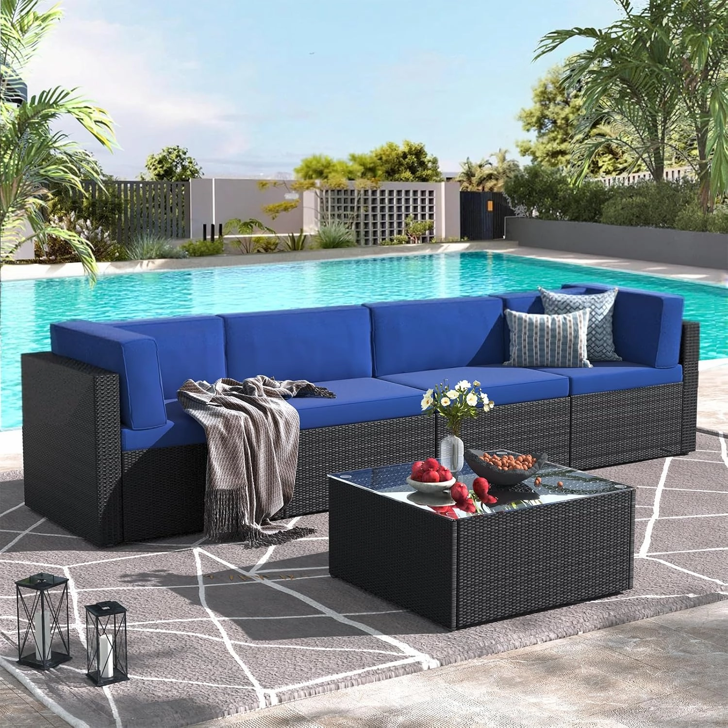 U-MAX 5 Piece Outdoor Patio Furniture Set, PE Rattan Patio Wicker Sectional Furniture Chair Set with Cushions and Tea Table, (Black Rattan&Blue Cushion)
