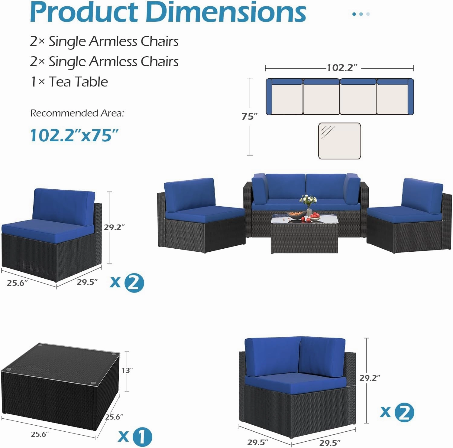 U-MAX 5 Piece Outdoor Patio Furniture Set, PE Rattan Patio Wicker Sectional Furniture Chair Set with Cushions and Tea Table, (Black Rattan&Blue Cushion)