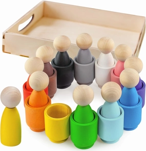 Ulanik Large Peg Dolls in Cups Toddler Montessori Toys for 3 Year Old   Kids Wooden Waldorf Dolls for Learning Color Sorting and Counting — 12 Gnomes, 3.35 in