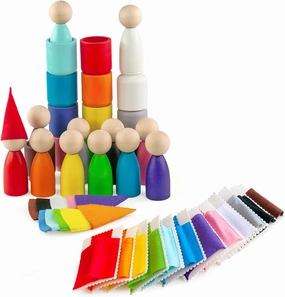 Ulanik Large Peg Dolls in Cups with Hats & Beds Toddler Montessori Toys for 3 Year Old   Wooden Waldorf Dolls for Learning Color Sorting & Counting — 12 Gnomes
