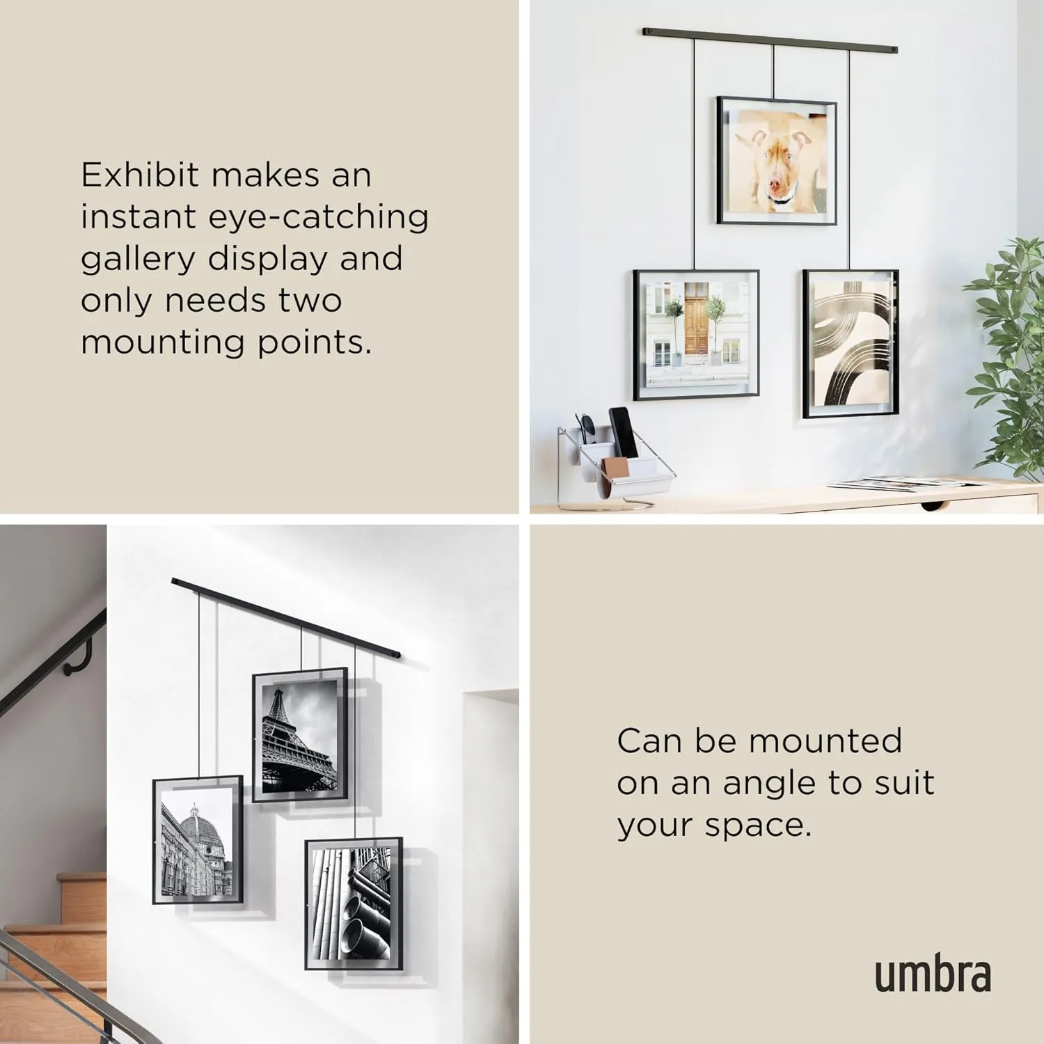Umbra Exhibit Picture Frame Gallery Set, Adjustable Wall Collage Displays Three 8x10" Photos, Set of 3 Large, Black