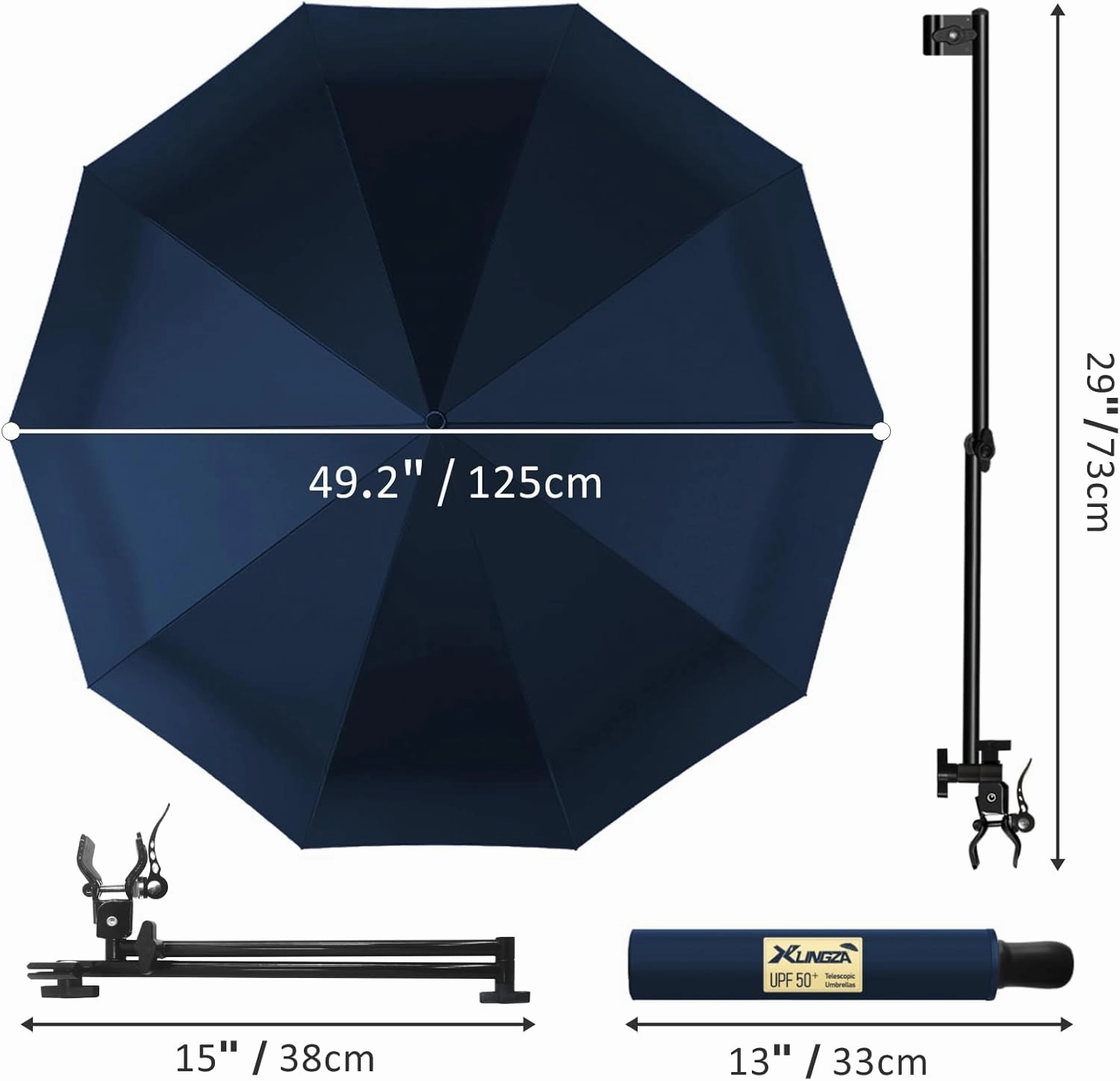 UPF 50  Beach Umbrella with Adjustable Universal Clamp