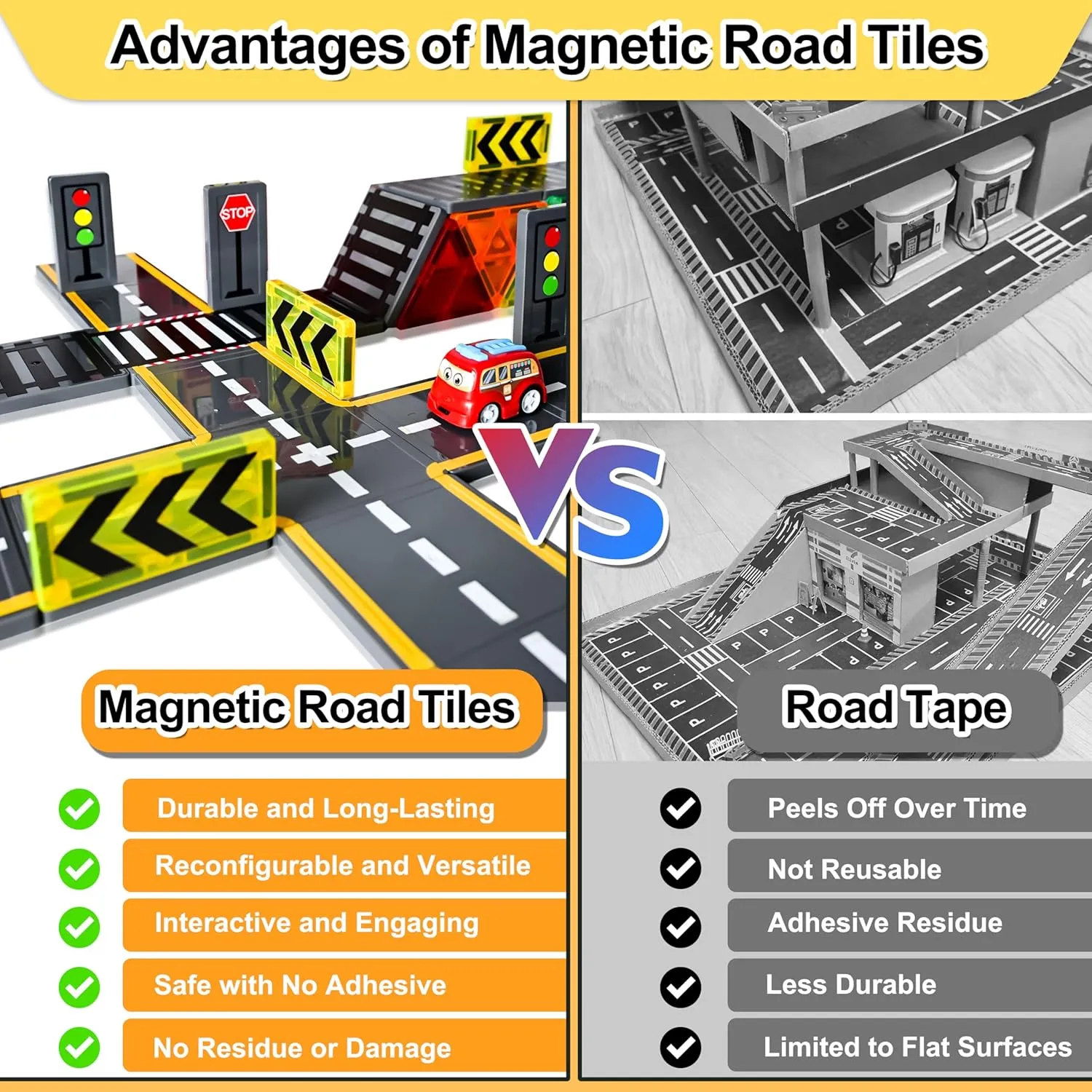 Upgraded Magnetic Tiles Road & Train Dual-Sided Expansion Pack, Magnetic Building Blocks Construction Toys for 3 Year Old Boys & Girls, Montessori Toys for Toddler, STEM Learning Gifts