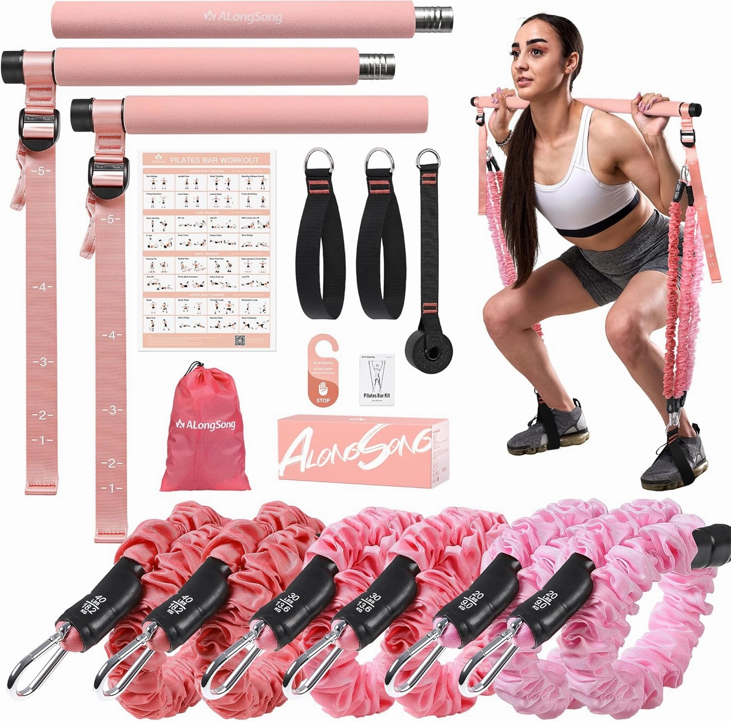 Upgraded Pilates Bar Kit with Resistance Bands Fabric Wrapped Natural Latex, Adjustable Exercise Equipment Multifunctional Yoga Pilates Stick for Home Gym Supports Full-Body Workouts