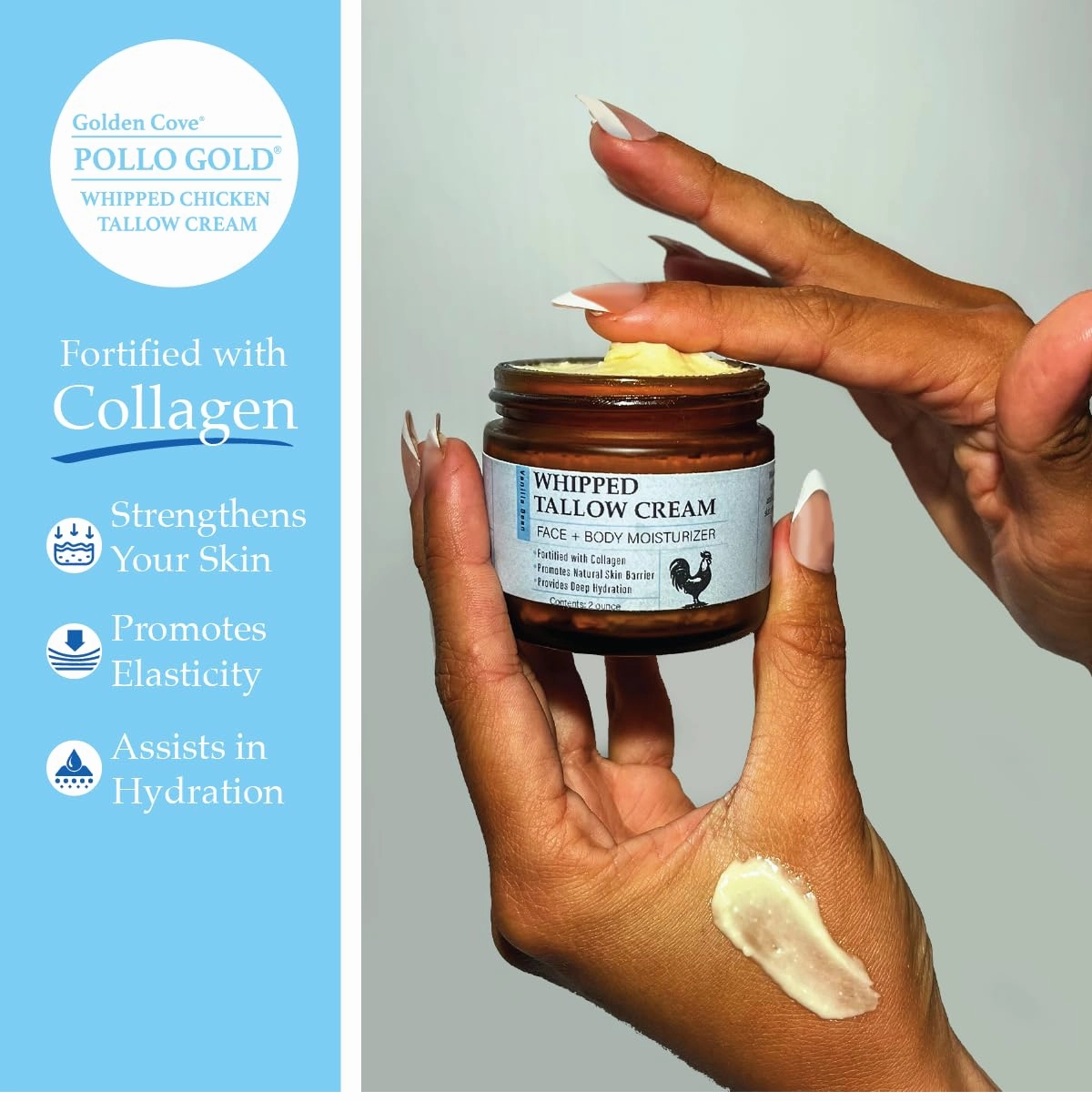 USA Handmade Whipped Chicken Tallow Cream - Packed with Collagen, Organic Face and Body Cream Infused with Organic Olive and Essential Oils. Sensitive-Skin, Eczema, Rosacea - 2 oz (Vanilla Bean)