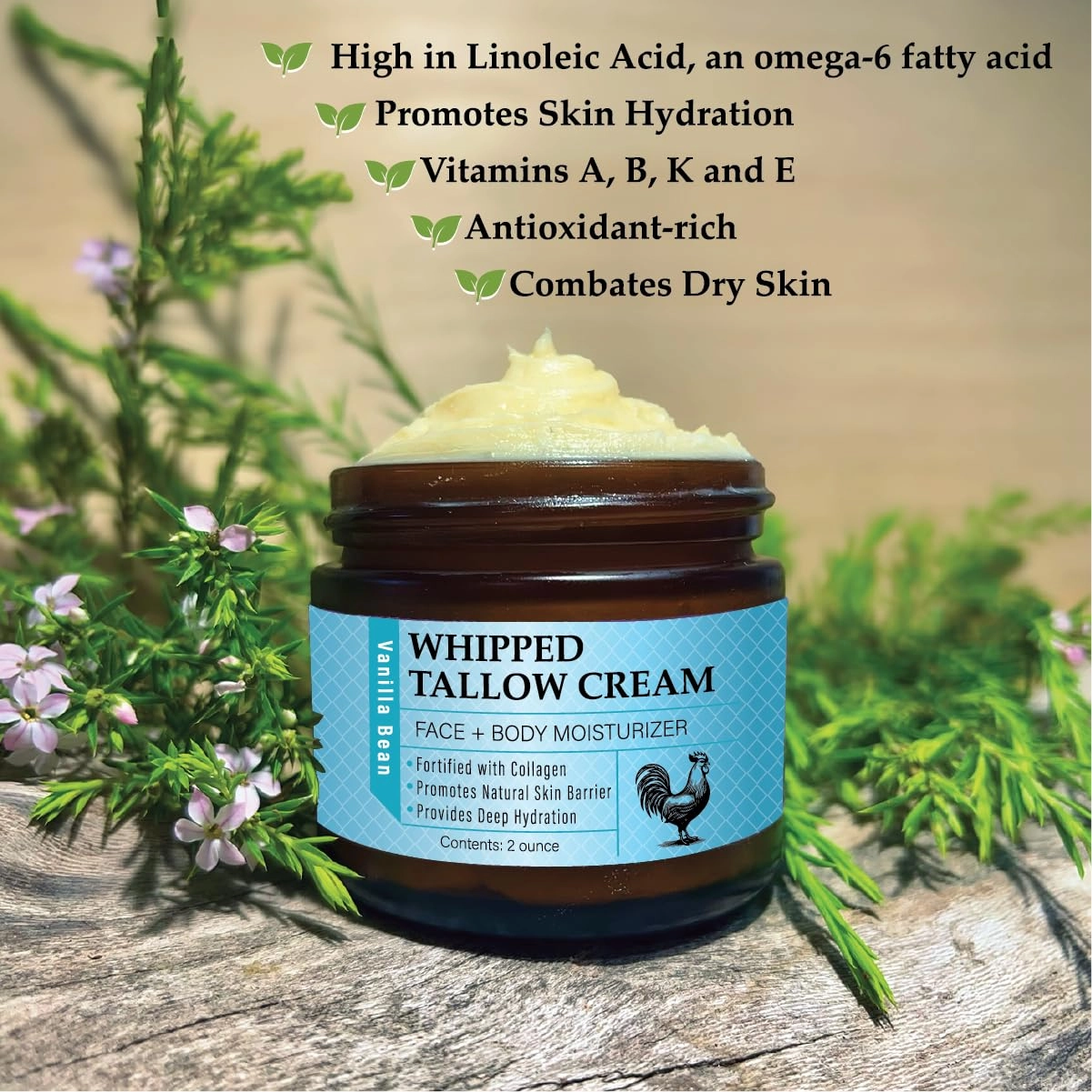 USA Handmade Whipped Chicken Tallow Cream - Packed with Collagen, Organic Face and Body Cream Infused with Organic Olive and Essential Oils. Sensitive-Skin, Eczema, Rosacea - 2 oz (Vanilla Bean)
