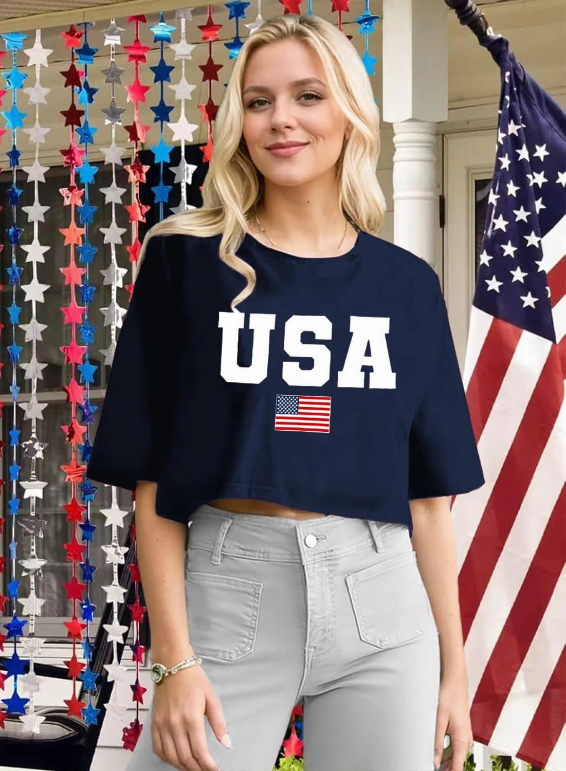 USA Shirts for Women American Flag Crop Shirt 4th of July Crop Top Patriotic T-Shirt Cropped Summer Tee Tops