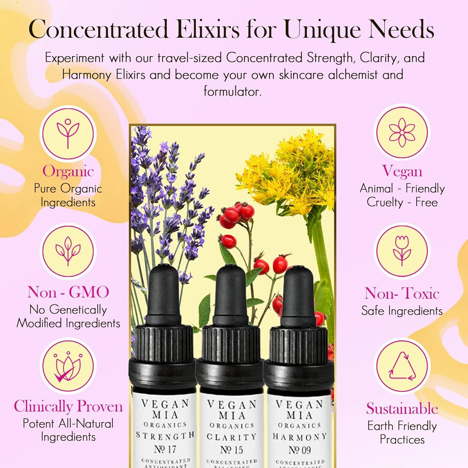 USDA Organic Concentrated Elixirs Mini Discovery Kit Skincare Face Oil: Clarity Brightening & Balancing, Strength Antioxidant & Superfood, & Harmony Adaptogen - Mini Variety Pack of 3