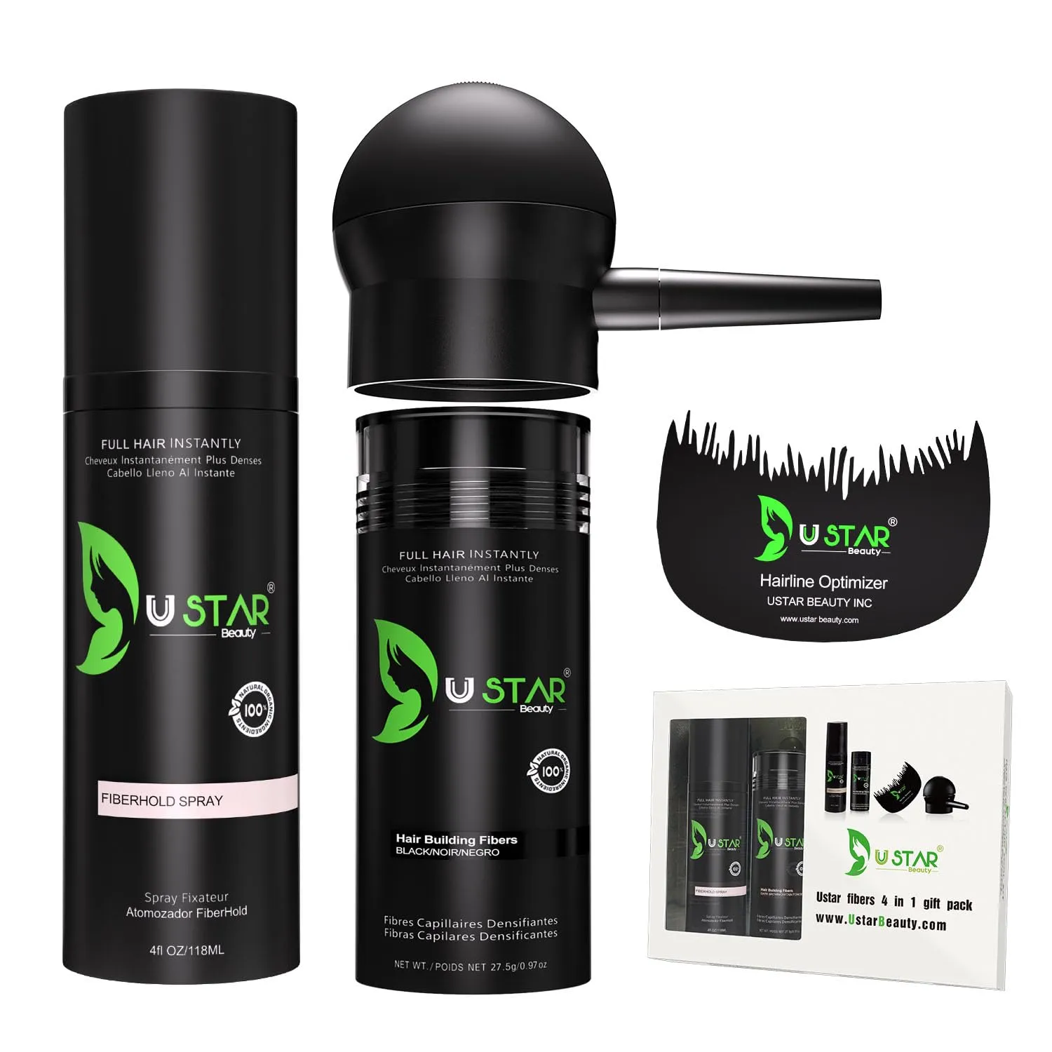 Ustar 4 in 1 Hair Building Fibers Set for Thinning Hair Thickening Natural Hair Loss Concealer Powder for Men & Women Bald Spot Cover Up and Hair Volume Enhancer 27.5g Medium Brown