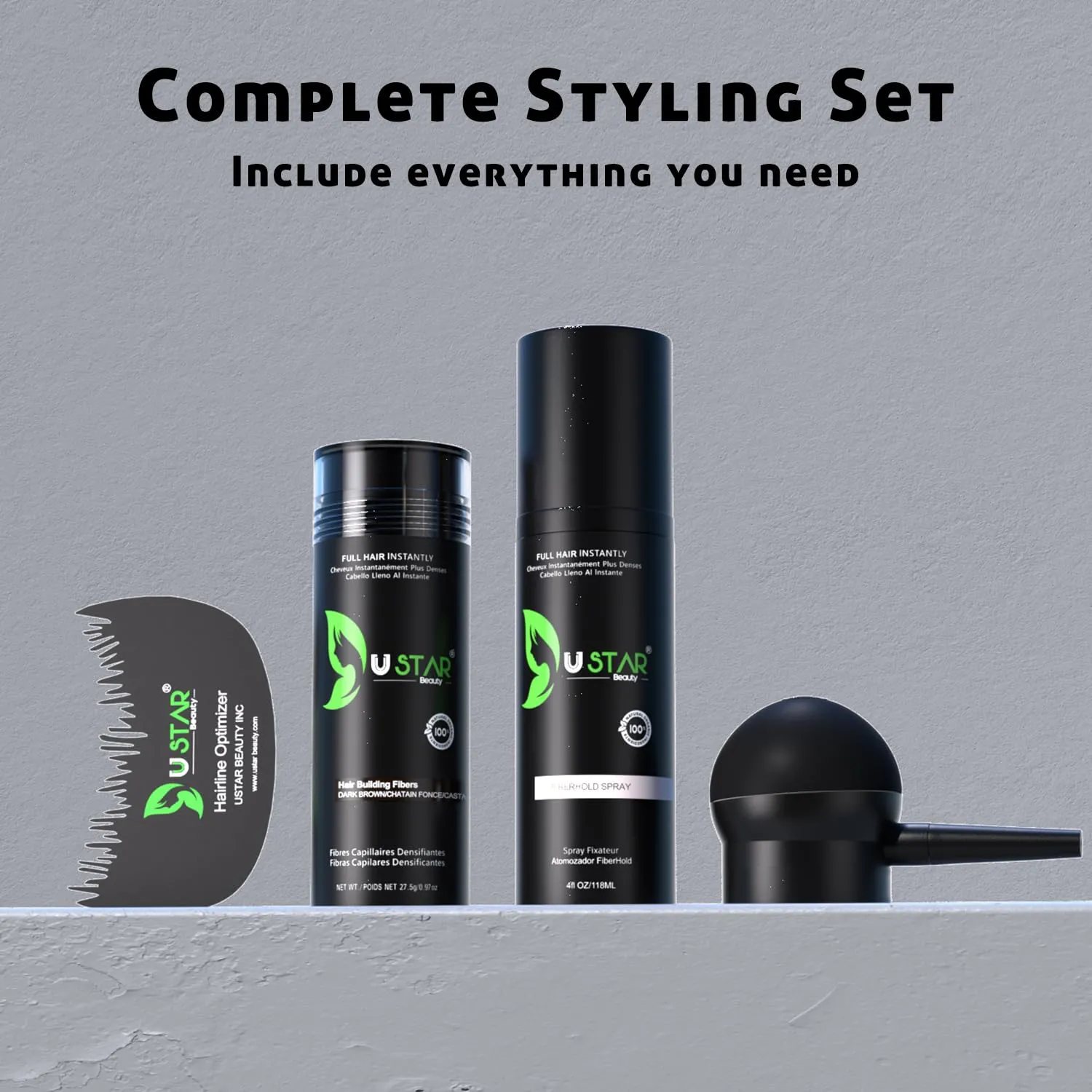Ustar 4 in 1 Hair Building Fibers Set for Thinning Hair Thickening Natural Hair Loss Concealer Powder for Men & Women Bald Spot Cover Up and Hair Volume Enhancer 27.5g Medium Brown