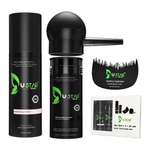 Ustar 4 in 1 Hair Building Fibers Set for Thinning Hair Thickening Natural Hair Loss Concealer Powder for Men & Women Bald Spot Cover Up and Hair Volume Enhancer 27.5g Medium Brown