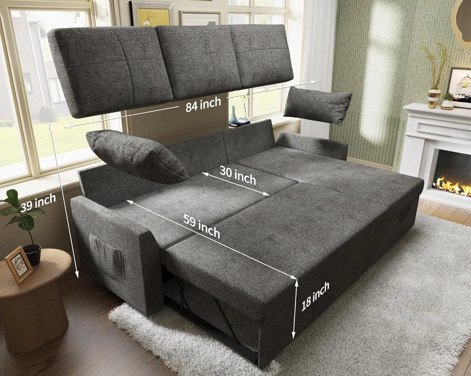 VanAcc Sleeper Sofa, Sofa Bed- 2 in 1 Pull Out Couch Bed with Storage Chaise, Sleeper Couch for Living Room, Grey Linen