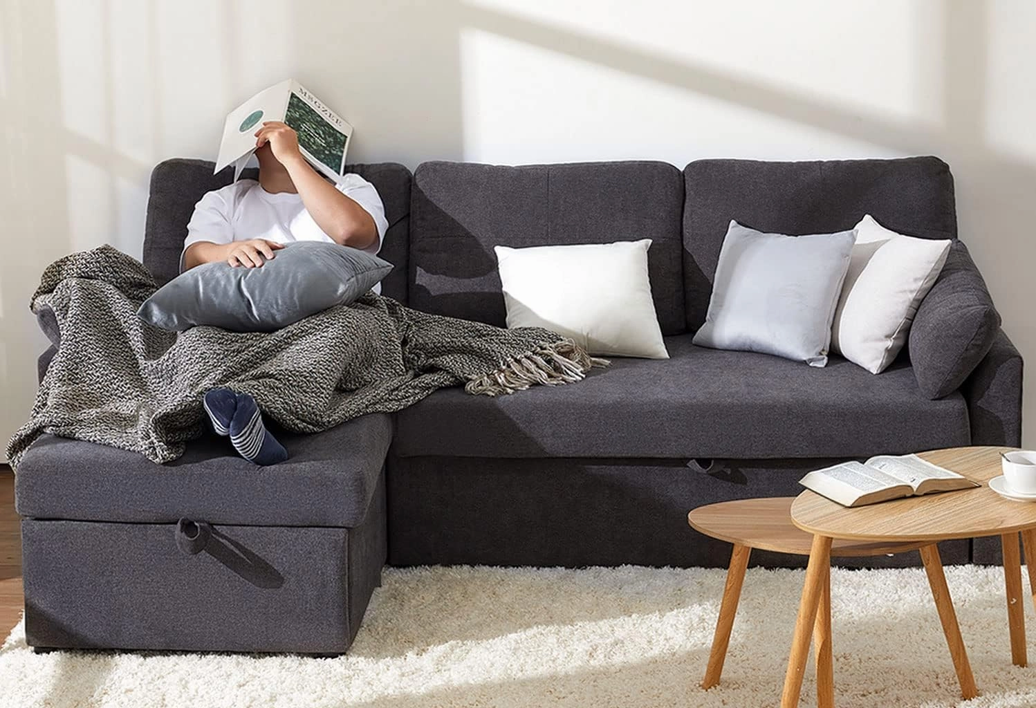 VanAcc Sleeper Sofa, Sofa Bed- 2 in 1 Pull Out Couch Bed with Storage Chaise, Sleeper Couch for Living Room, Grey Linen
