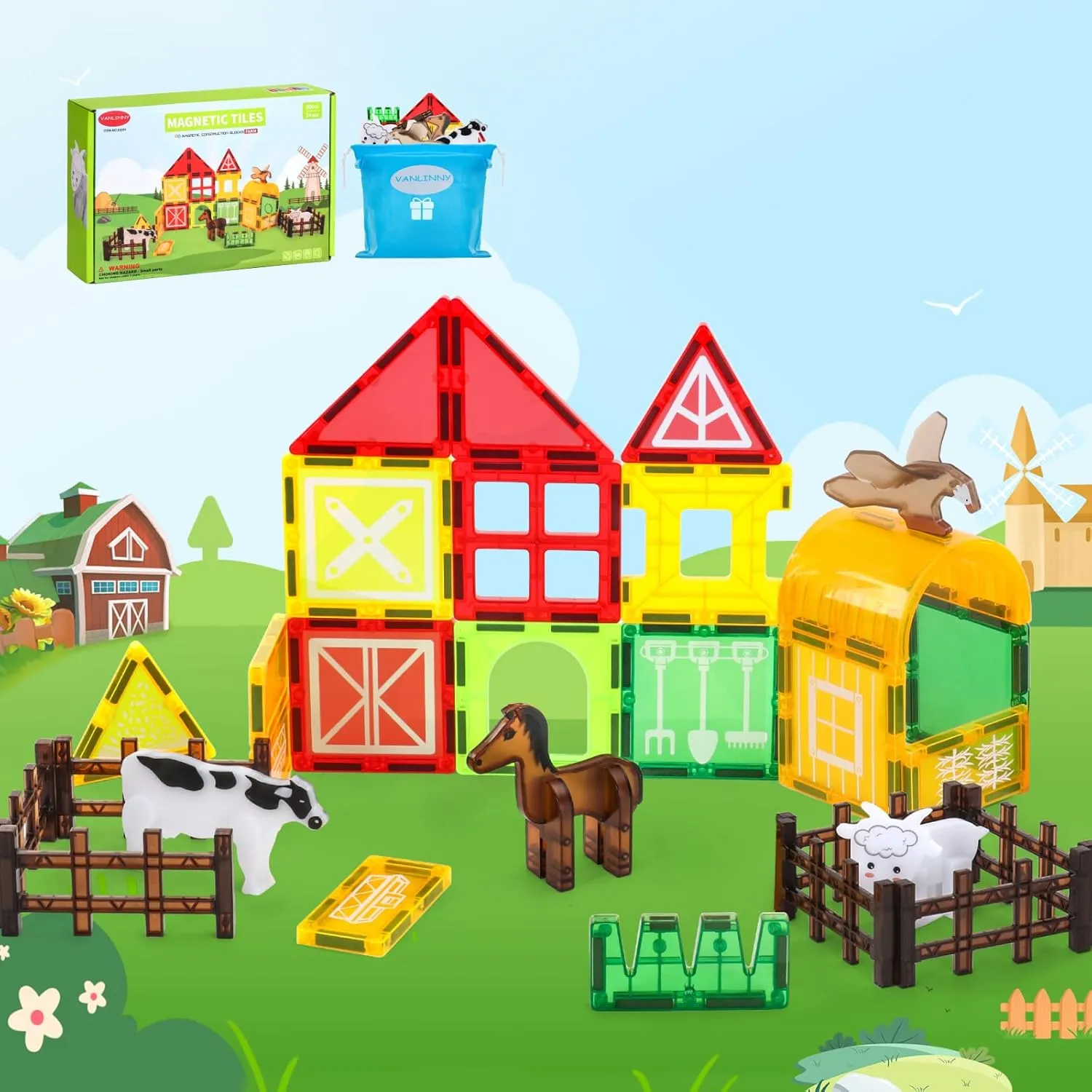 VANLINNY Magnetic Tiles Farm,Animal Magnet Toys for Toddlers-Kids Magnetic Building Blocks STEM Toys for Ages 3-8,Constrution Sets Educational-Coolest Xmas Birthday Gifts for Boys and Girls.