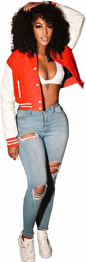 Varsity Cropped Jacket for Woman Long Sleeve Button Down Baseball Jacket Crop Bomber Jacket Streetwear with Pockets