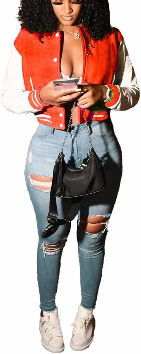 Varsity Cropped Jacket for Woman Long Sleeve Button Down Baseball Jacket Crop Bomber Jacket Streetwear with Pockets