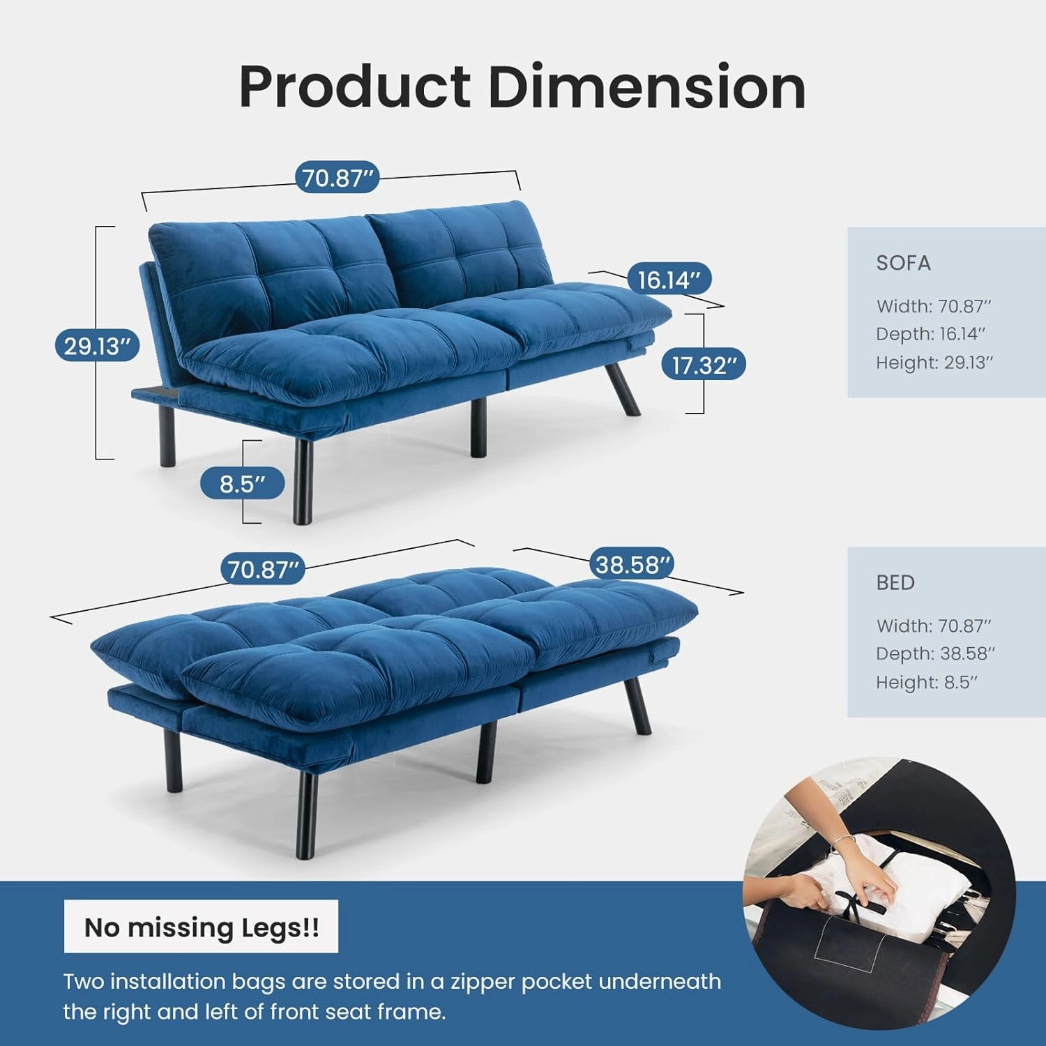 Velvet Convertible Futon Sofa Bed,71" Comfy Loveseat Sleeper Sofa with Adjustable Backrest Armrest, Strengthen Solid Wood, 7" Thicken Cushion, Small 2 Seater Twin Futon Couch for Living Room Bedroom